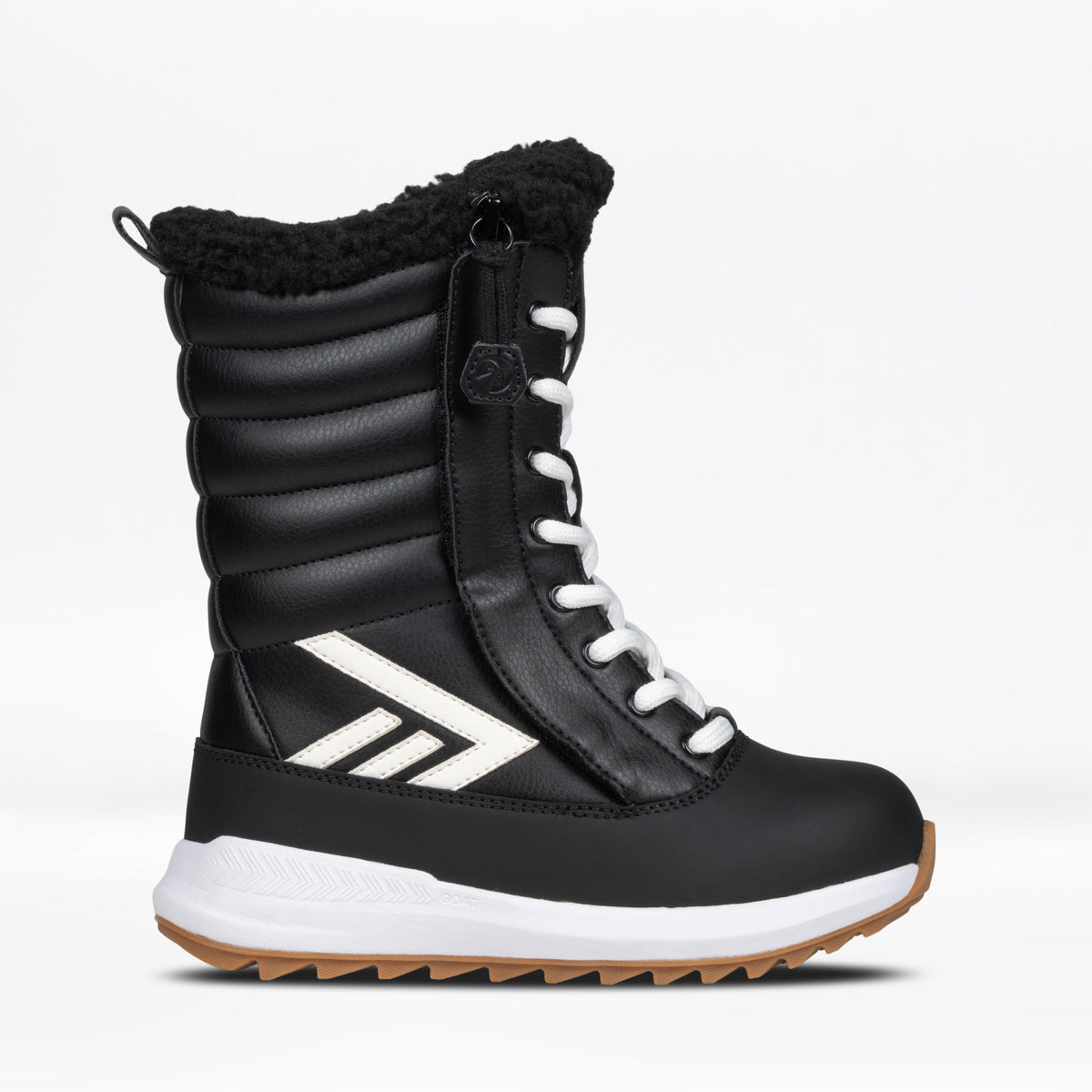 Black winter boot with white laces and sole on a light gray background