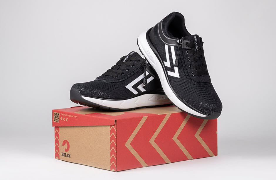 BILLY Women's Black/White Sneakers on box, orthopedic and AFO-compatible, ideal for ankle support and wide-width needs.