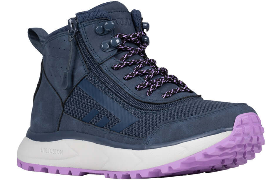 Women's navy and purple BILLY Inclusion Trail adaptive boot with side zipper
